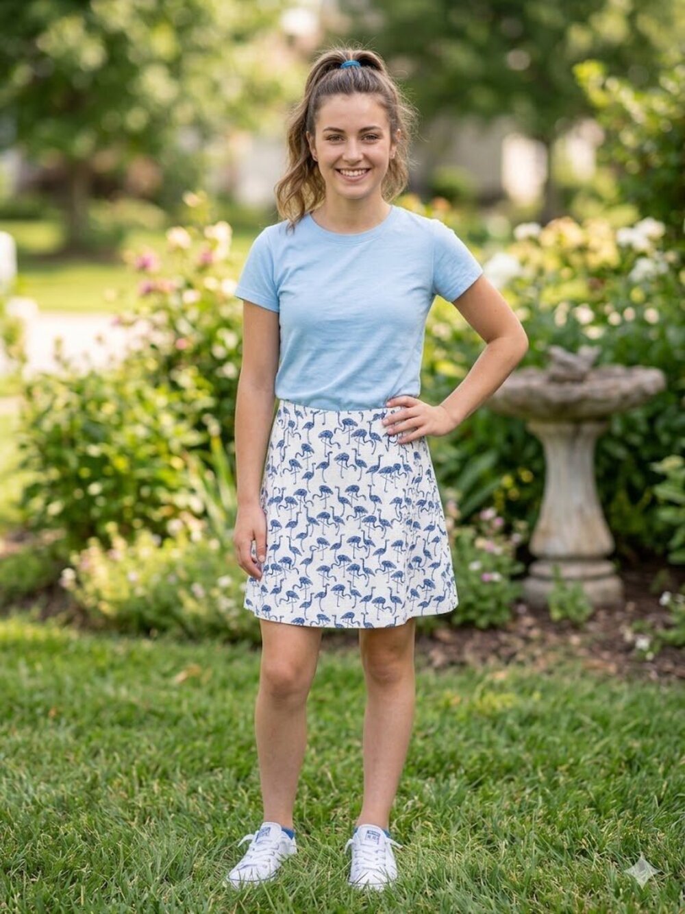 EUC Anthropologie | Corey Lynn Calter Blue White Flamingo Print A Line Skirt